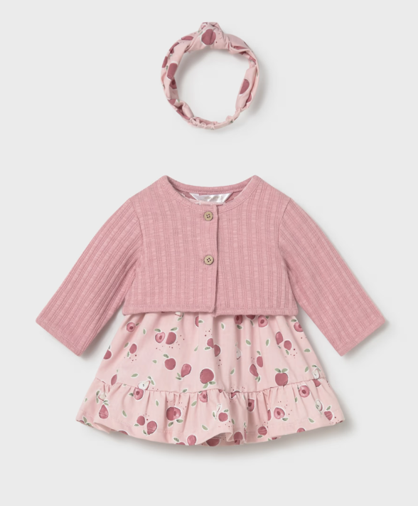 Mayoral 3-Piece Dress, Cardigan, Headband Set Style 1821 - Rose